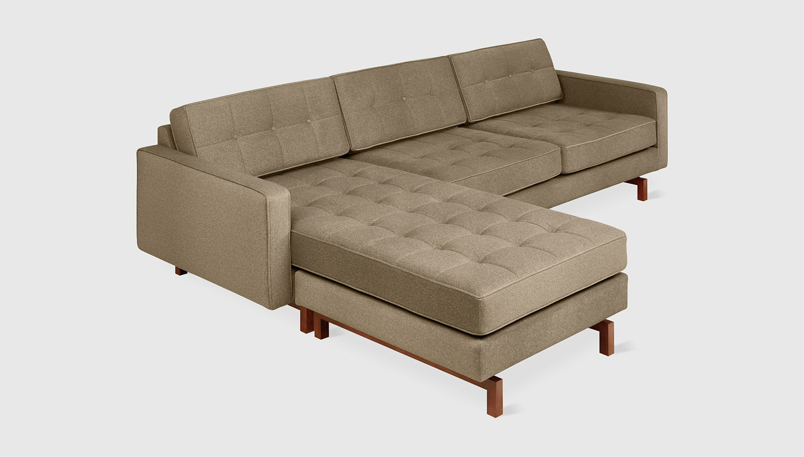 Jane 2 Bi-Sectional Merino Mocha / WalnutSectionals Gus*  Merino Mocha Walnut  Four Hands, Mid Century Modern Furniture, Old Bones Furniture Company, Old Bones Co, Modern Mid Century, Designer Furniture, https://www.oldbonesco.com/