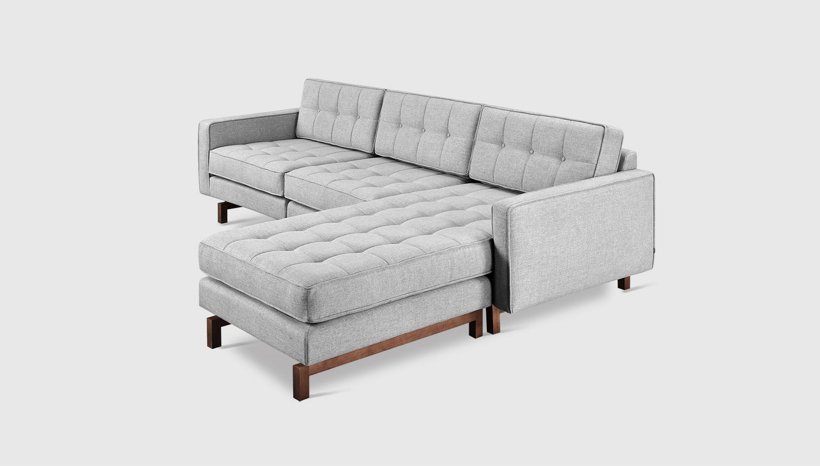 Jane 2 Bi-Sectional Bayview Silver / WalnutSectionals Gus*  Bayview Silver Walnut  Four Hands, Mid Century Modern Furniture, Old Bones Furniture Company, Old Bones Co, Modern Mid Century, Designer Furniture, https://www.oldbonesco.com/