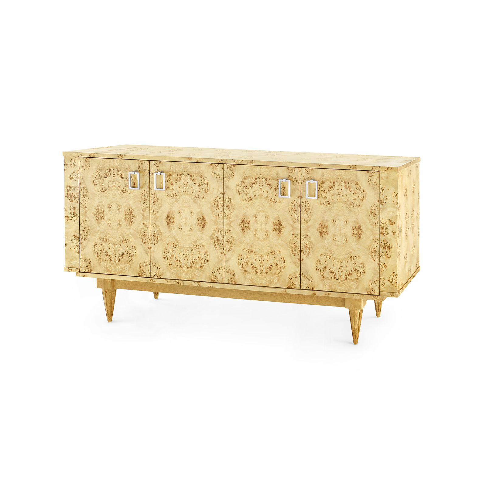 Beau 4-Door Cabinet, Burl Raquel / Nickel  Finish BrassCabinet Bungalow 5  Raquel Nickel  Finish Brass  Four Hands, Burke Decor, Mid Century Modern Furniture, Old Bones Furniture Company, Old Bones Co, Modern Mid Century, Designer Furniture, https://www.oldbonesco.com/