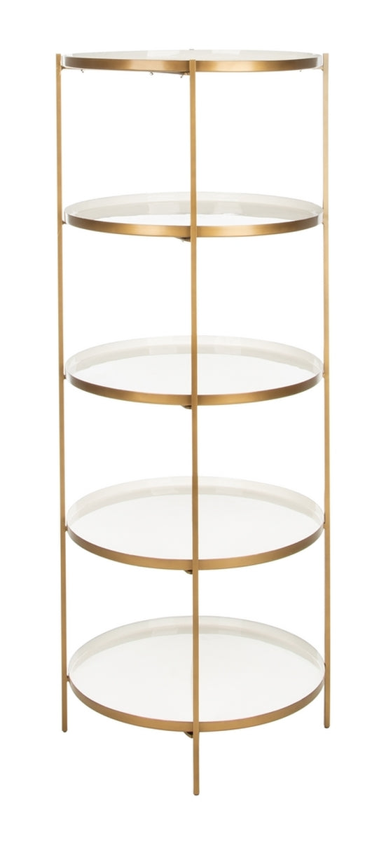 Tia Round 5 Tier Etagere White / BrassBookshelf Safavieh  White / Brass   Four Hands, Burke Decor, Mid Century Modern Furniture, Old Bones Furniture Company, Old Bones Co, Modern Mid Century, Designer Furniture, https://www.oldbonesco.com/