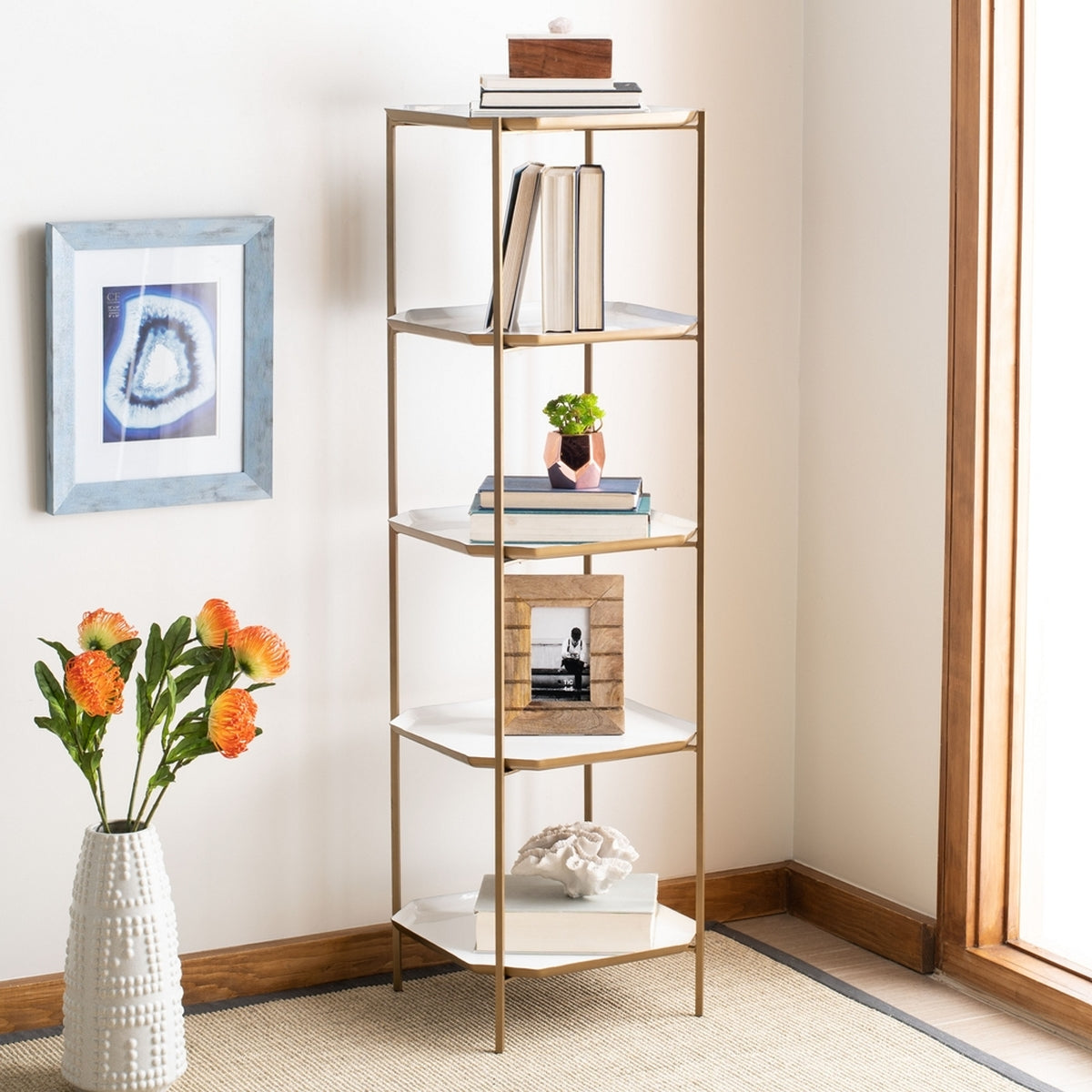 Sylvie 5 Tier Etagere Bookshelf Safavieh     Four Hands, Burke Decor, Mid Century Modern Furniture, Old Bones Furniture Company, Old Bones Co, Modern Mid Century, Designer Furniture, https://www.oldbonesco.com/